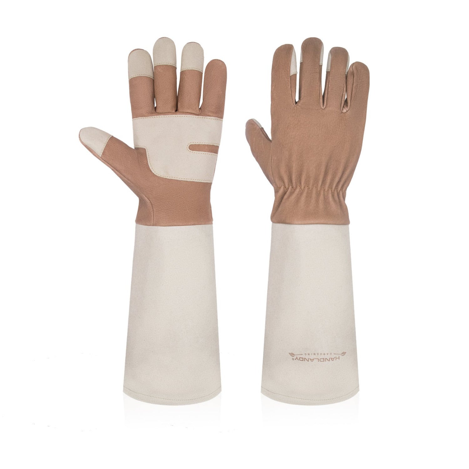 brown gardening gloves Handlandy Women Men Gardening Gloves Pigskin Leather Long Sleeve 5164