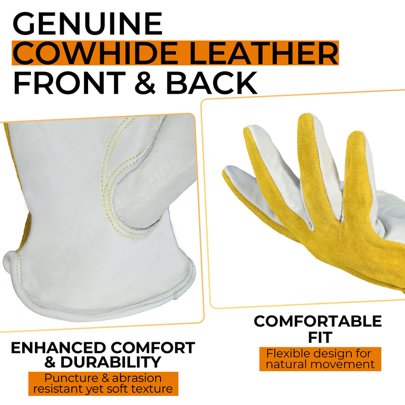 HANDLANDY Leather Work Gloves for Men & Women, Reinforced Durable Garden Gloves, Cowhide Working Glove for Gardening, Landscaping, Yard Work & Driving 1211/12123