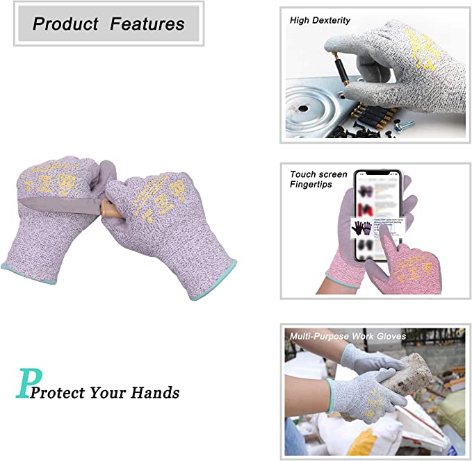 Handlandy Bundle: 3 Pairs ANSI Level 5 with 6 Pairs ANSI Level 3 Cut Resistant Gloves, PU Coated Work Gloves Gardening Gloves
