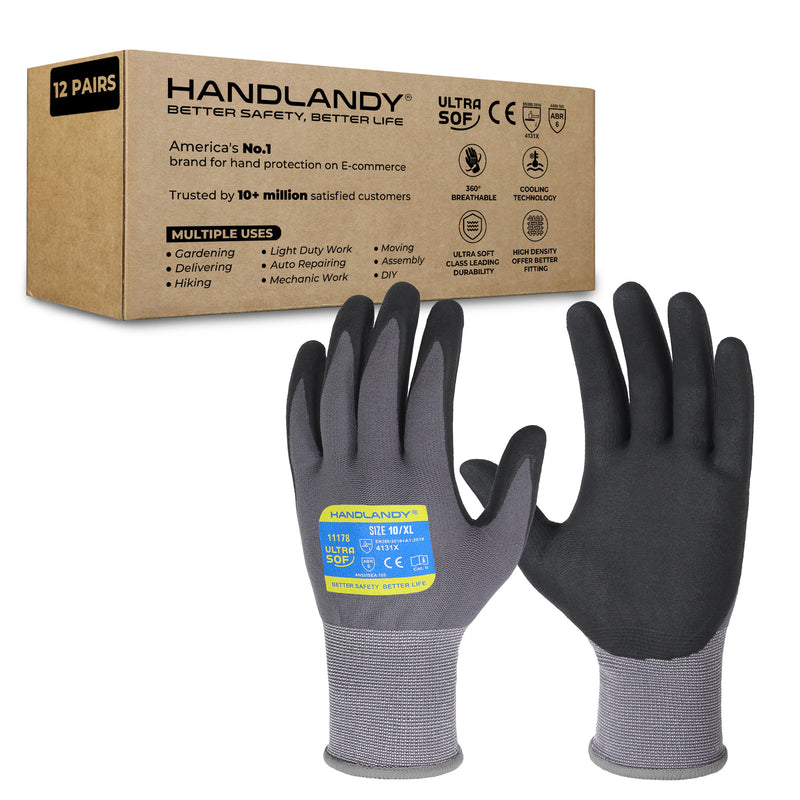 HANDLANDY 6/12/24 Pairs Safety Work Gloves with MicroFoam Nitrile Coated - Breathable Nylon Gloves with Grip for Men & Womem 11178