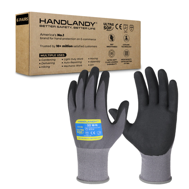 HANDLANDY 6/12/24 Pairs Safety Work Gloves with MicroFoam Nitrile Coated - Breathable Nylon Gloves with Grip for Men & Womem 11178