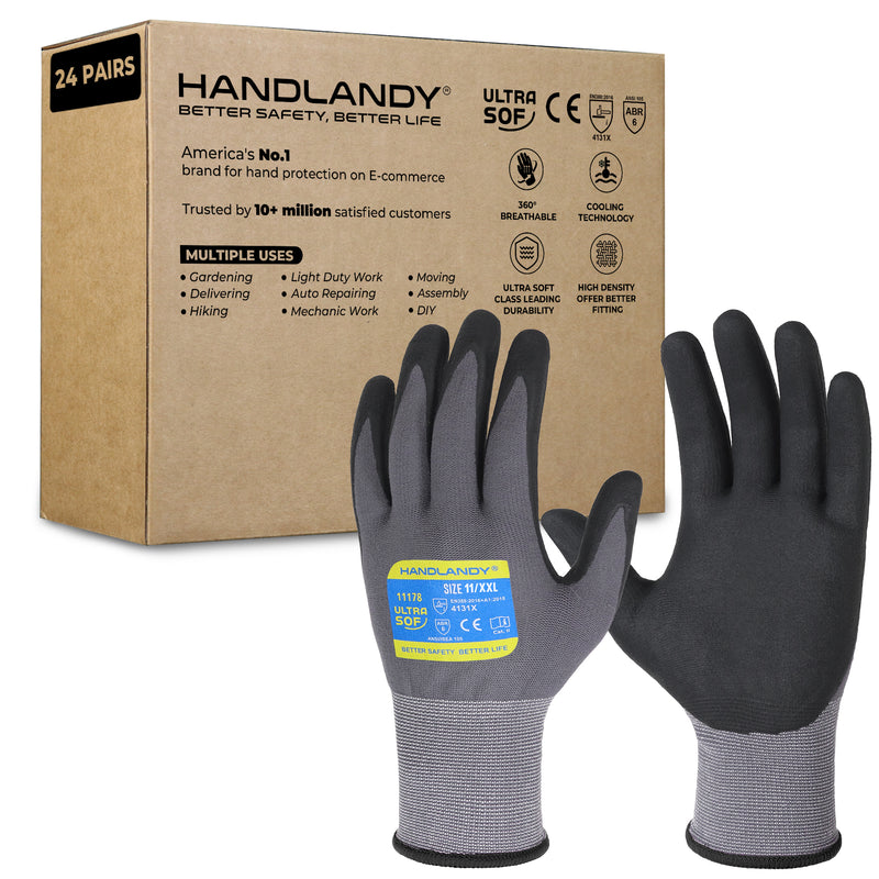 HANDLANDY 6/12/24 Pairs Safety Work Gloves with MicroFoam Nitrile Coated - Breathable Nylon Gloves with Grip for Men & Womem 11178