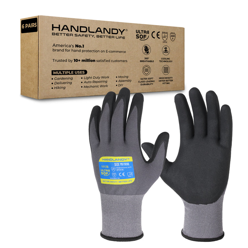HANDLANDY 6/12/24 Pairs Safety Work Gloves with MicroFoam Nitrile Coated - Breathable Nylon Gloves with Grip for Men & Womem 11178