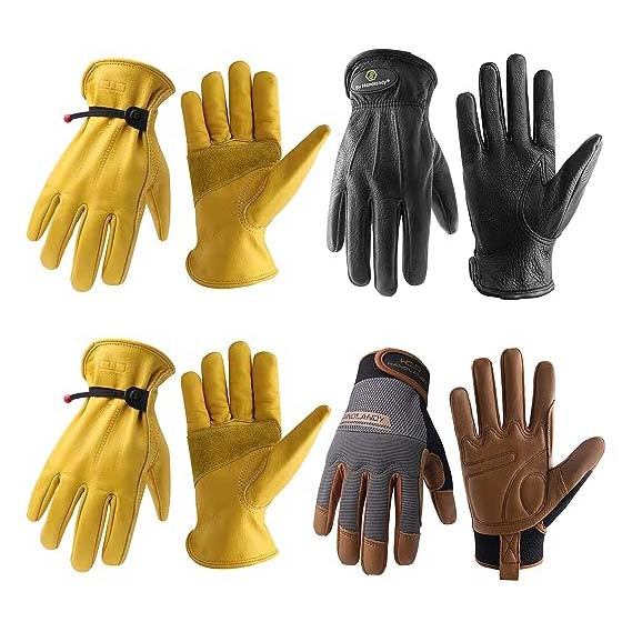HANDLANDY Bundle: 2 Pairs Cowhide Leather Work Gloves with 1 Pairs Breathable Utility Work Gloves