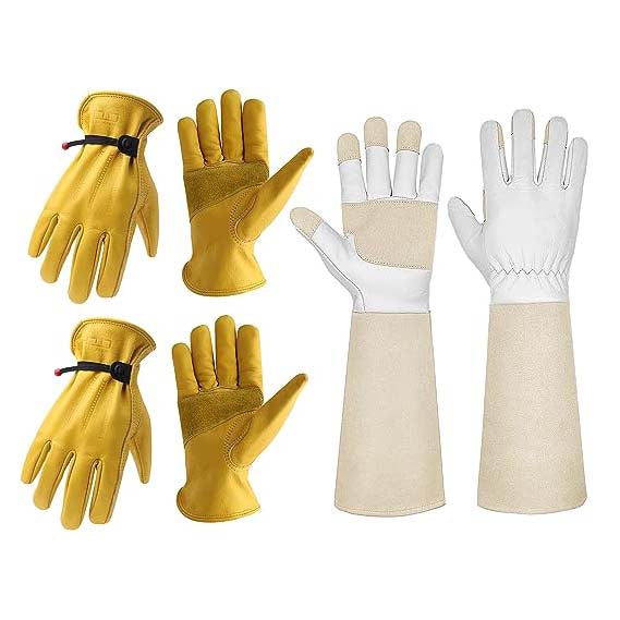 HANDLANDY Bundle: 2 Pairs Cowhide Leather Work Gloves with 1 Pairs Long Gardening Gloves