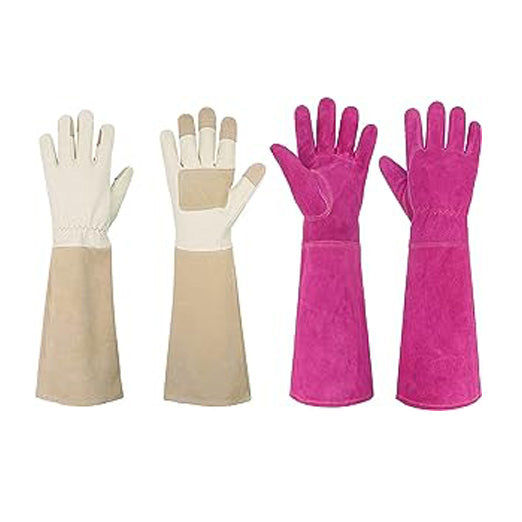 Handlandy Bundle - 2 Pairs: Rose Pruning Long Gardening Gloves, Ladies Thorn Proof Gauntlet Cowhide Leather Gloves