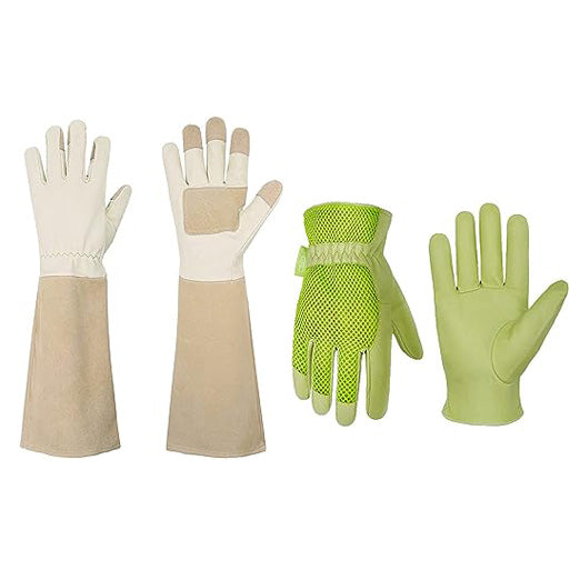 Handlandy Bundle - 2 Pairs: Rose Pruning Long Gardening Gloves, Ladies 3D Mesh Pigskin Yard Work Leather Gloves