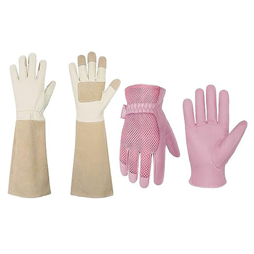Handlandy Bundle - 2 Pairs: Beige Rose Pruning Long Gardening Gloves, Pink Ladies 3D Mesh Pigskin Yard Work Leather Gloves