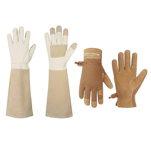 Handlandy Bundle - 2 Pairs: Rose Pruning Long Gardening Gloves, Ladies Heavy Duty Yard Work Gloves - Beige, Khaki,