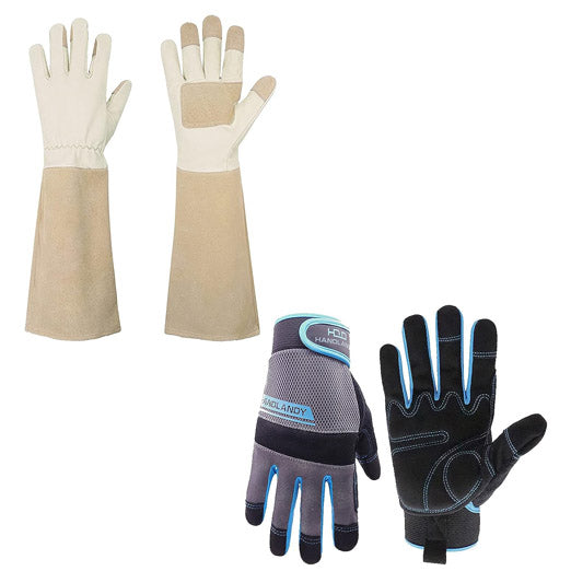 Handlandy Bundle - 2 Pairs: Beige Rose Pruning Long Gardening Gloves, Blue Mechanic Working Touch Screen Yard Work Gloves