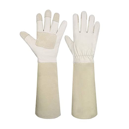 Handlandy Bundle - 2 Pairs: Beige Rose Pruning Long Gardening Gloves, Pink Ladies 3D Mesh Pigskin Yard Work Leather Gloves