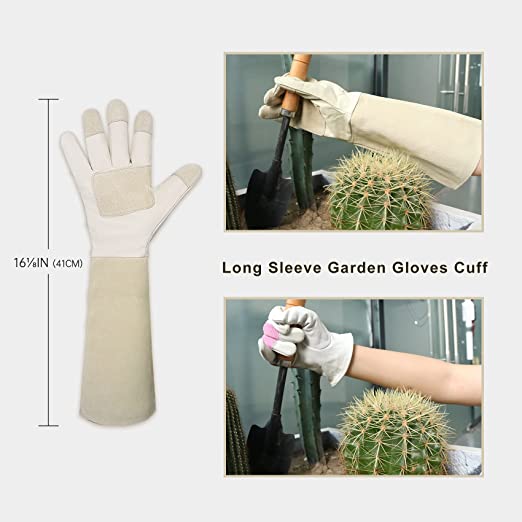 Handlandy Bundle - 2 Pairs: Beige Rose Pruning Long Gardening Gloves, Blue Mechanic Working Touch Screen Yard Work Gloves