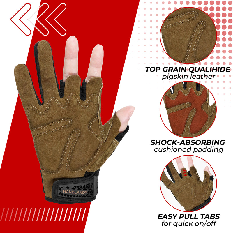 HANDLANDY  Fingerless Work Gloves for Men, Half Finger Working Glove Grip Shock-Absorbing Breathable Uwrist TPR Anti-collision Gloves for Mens & Women6355 6358