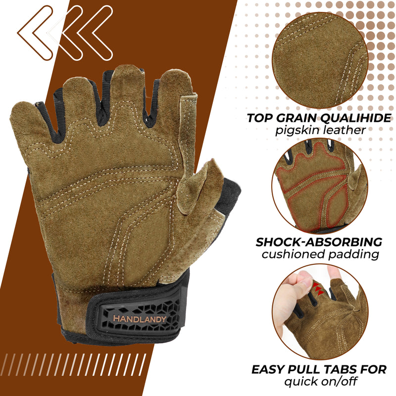 HANDLANDY  Fingerless Work Gloves for Men, Half Finger Working Glove Grip Shock-Absorbing Breathable Uwrist TPR Anti-collision Gloves for Mens & Women6355 6358