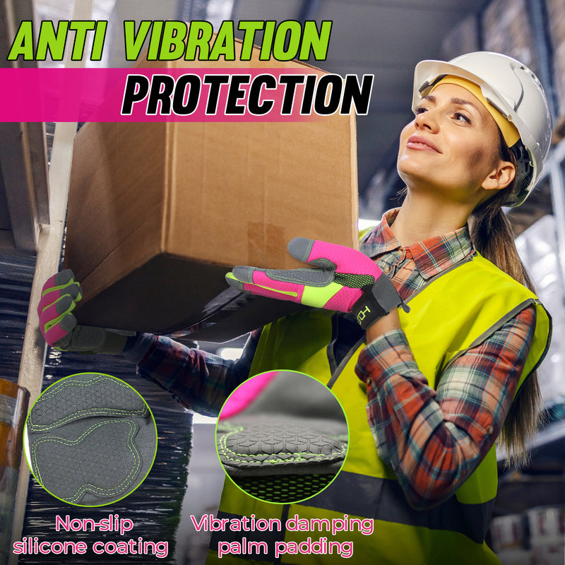 HANDLANDY Hi-vis Reflective Work Gloves for Women, Anti Vibration Gloves for Mowing, Power Tools 6304