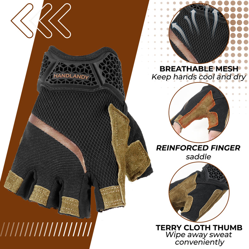 HANDLANDY  Fingerless Work Gloves for Men, Half Finger Working Glove Grip Shock-Absorbing Breathable Uwrist TPR Anti-collision Gloves for Mens & Women6355 6358
