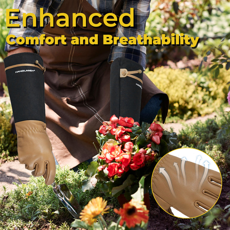 HANDLANDY Long Gardening Gloves for Men & Women, Cowhide Leather Rose Pruning Gloves, Breathable Thorn Proof Gauntlet Glove5209