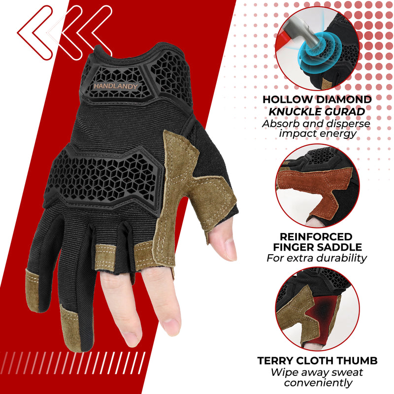 HANDLANDY  Fingerless Work Gloves for Men, Half Finger Working Glove Grip Shock-Absorbing Breathable Uwrist TPR Anti-collision Gloves for Mens & Women6355 6358