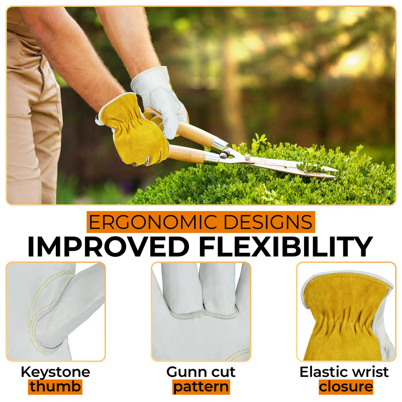 HANDLANDY Leather Work Gloves for Men & Women, Reinforced Durable Garden Gloves, Cowhide Working Glove for Gardening, Landscaping, Yard Work & Driving 1211/12123
