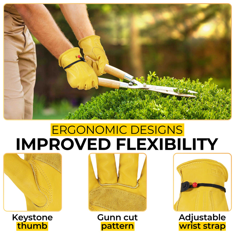 yellow gardening gloves HANDLANDY Leather Work Gloves for Men & Women, Reinforced Durable Garden Gloves, Cowhide Working Glove for Gardening, Landscaping, Yard Work & Driving