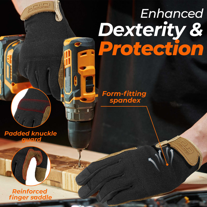 HANDLANDY Leather Work Gloves for Men & Women, Utility Mechanic Touch Screen Working Gloves for Gardening, Driving, Tool Handling, Construction5972PG
