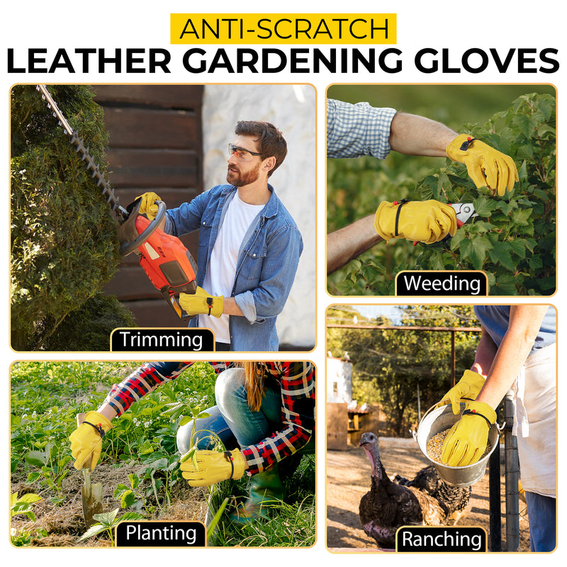 HANDLANDY Leather Work Gloves for Men & Women, Reinforced Durable Garden Gloves, Cowhide Working Glove for Gardening, Landscaping, Yard Work & Driving 1211/12123