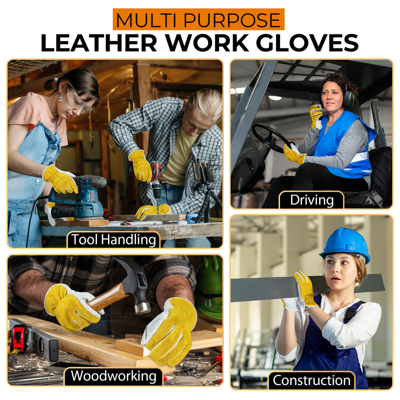 HANDLANDY Leather Work Gloves for Men & Women, Reinforced Durable Garden Gloves, Cowhide Working Glove for Gardening, Landscaping, Yard Work & Driving 1211/12123
