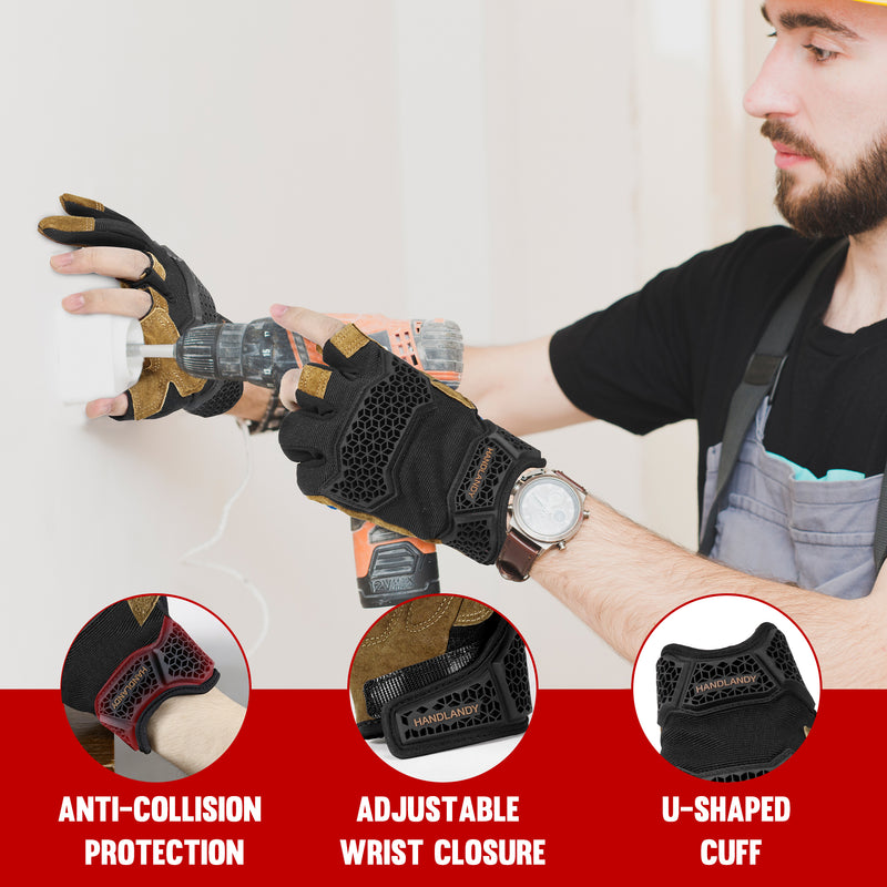 HANDLANDY  Fingerless Work Gloves for Men, Half Finger Working Glove Grip Shock-Absorbing Breathable Uwrist TPR Anti-collision Gloves for Mens & Women6355 6358