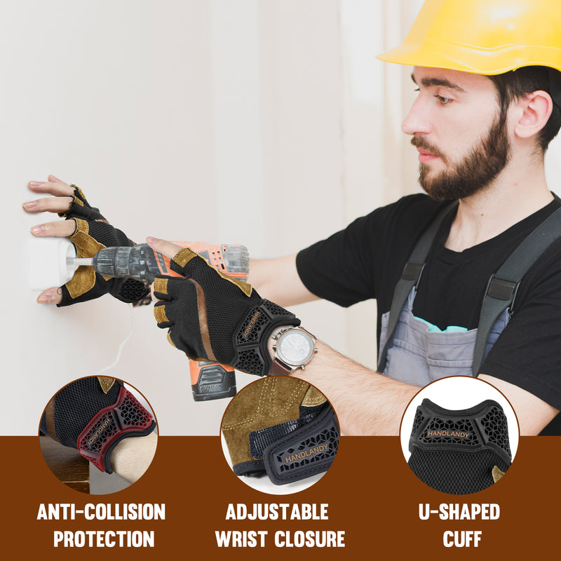 HANDLANDY  Fingerless Work Gloves for Men, Half Finger Working Glove Grip Shock-Absorbing Breathable Uwrist TPR Anti-collision Gloves for Mens & Women6355 6358