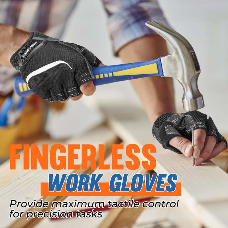 HANDLANDY  Fingerless Work Gloves for Men, Half Finger Working Glove Grip Shock-Absorbing Breathable Uwrist TPR Anti-collision Gloves for Mens & Women6355