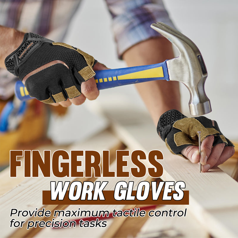 HANDLANDY  Fingerless Work Gloves for Men, Half Finger Working Glove Grip Shock-Absorbing Breathable Uwrist TPR Anti-collision Gloves for Mens & Women6355 6358