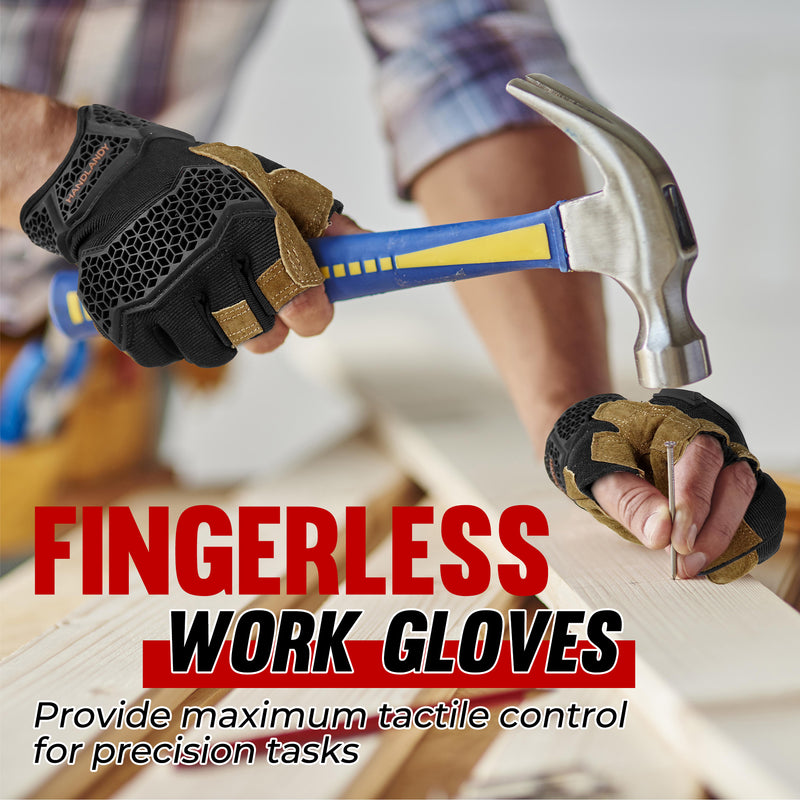 HANDLANDY  Fingerless Work Gloves for Men, Half Finger Working Glove Grip Shock-Absorbing Breathable Uwrist TPR Anti-collision Gloves for Mens & Women6355 6358