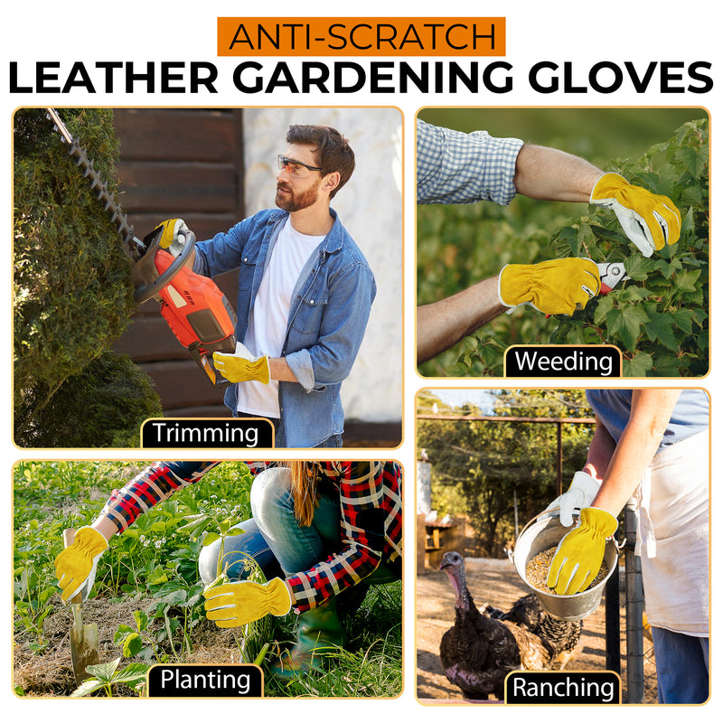 HANDLANDY Leather Work Gloves for Men & Women, Reinforced Durable Garden Gloves, Cowhide Working Glove for Gardening, Landscaping, Yard Work & Driving 1211/12123