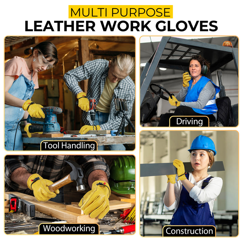 HANDLANDY Leather Work Gloves for Men & Women, Reinforced Durable Garden Gloves, Cowhide Working Glove for Gardening, Landscaping, Yard Work & Driving 1211/12123