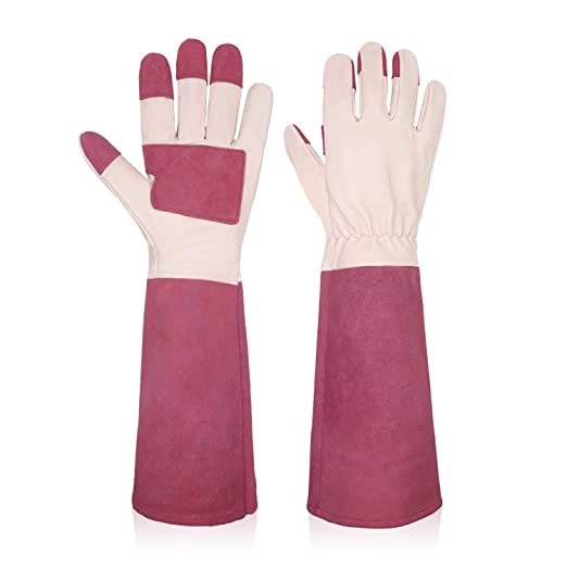 Handlandy Bundle - 2 Pairs: Rose Pruning Long Gardening Gloves, Thorn Proof Gauntlet Pigskin Leather Gloves