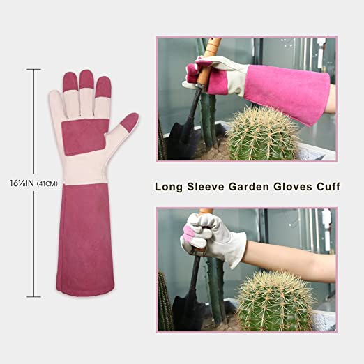 Handlandy Bundle - 2 Pairs of Pruning Gloves Long for Men & Women, Pigskin Leather Rose Gardening Gloves, Breathable & Durability Gauntlet Gloves