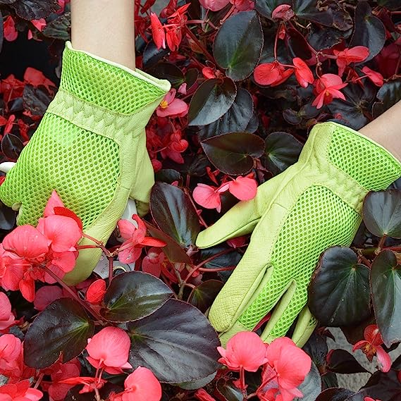 Handlandy Bundle - 2 Pairs of Pigskin Leather Rose Pruning Gloves & Leather Gardening Gloves for Women, Breathable and Flexible Yard Working Gloves