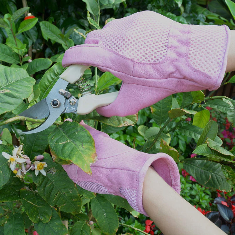 Handlandy Bundle - 2 Pairs: Beige Rose Pruning Long Gardening Gloves, Pink Ladies 3D Mesh Pigskin Yard Work Leather Gloves