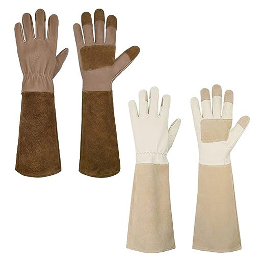 Handlandy Bundle - 2 Pairs of Pruning Gloves Long for Men & Women, Pigskin Leather Rose Gardening Gloves, Breathable & Durability Gauntlet Gloves