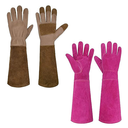 Handlandy Bundle - 2 Pairs of Pruning Gloves Long & Ladies Leather Gardening Gloves, Thorn Proof Gauntlet Gloves