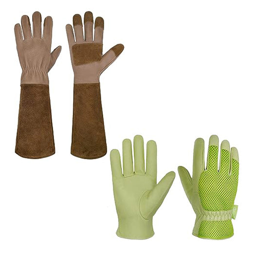 Handlandy Bundle - 2 Pairs of Pigskin Leather Rose Pruning Gloves & Leather Gardening Gloves for Women, Breathable and Flexible Yard Working Gloves
