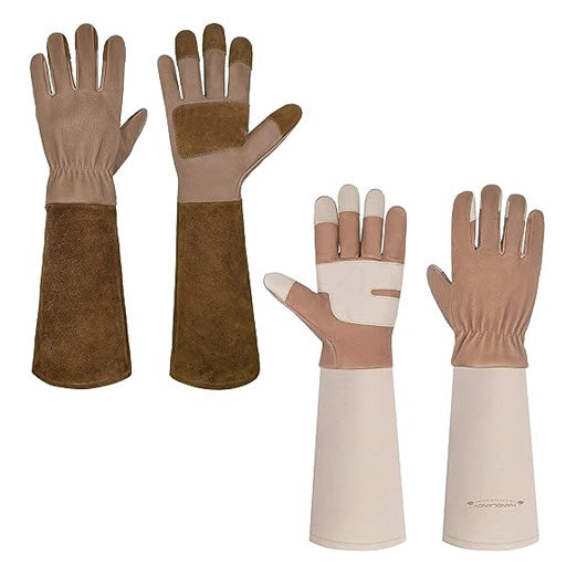 Handlandy Bundle - 2 Pairs of Long Pigskin Leather Pruning Gloves & Cowhide Leather Gardening Gloves for Men & Women, Breathable & Durable Gauntlet Gloves