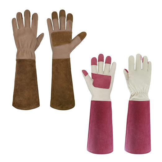Handlandy Bundle - 2 Pairs of Pruning Gloves Long for Men & Women, Pigskin Leather Rose Gardening Gloves, Breathable & Durability Gauntlet Gloves