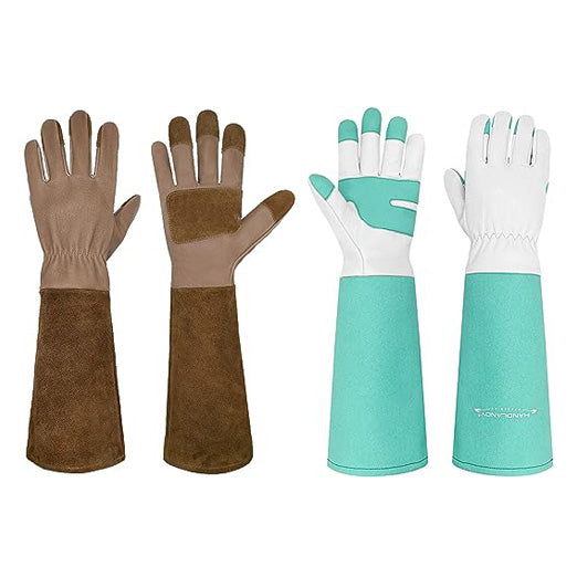 HandlandyBundle - 2 Pairs of Pruning Gloves Long for Men & Women, Pigskin Leather Rose Gardening Gloves, Breathable & Durability Gauntlet Gloves