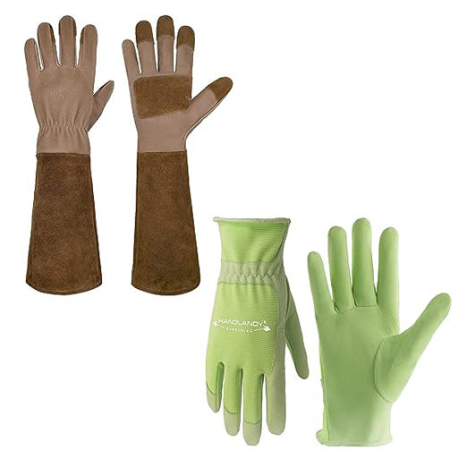 Handlandy Bundle - 2 Pairs of Pigskin Leather Rose Pruning Gloves & Leather Gardening Gloves for Women