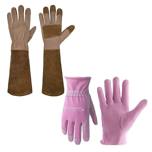 Handlandy Bundle - 2 Pairs of Pigskin Leather Rose Pruning Gloves & Leather Gardening Gloves for Women, Breathable and Flexible Yard Working Gloves