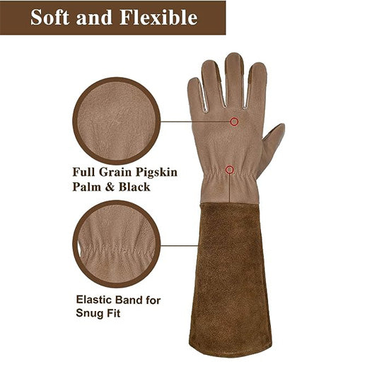 Handlandy Bundle - 2 Pairs of Pigskin Leather Rose Pruning Gloves & Leather Gardening Gloves for Women, Breathable and Flexible Yard Working Gloves