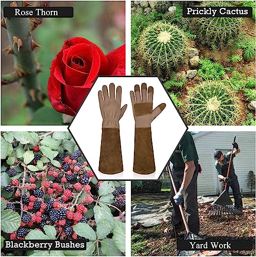 Handlandy Bundle - 2 Pairs of Pruning Gloves Long & Ladies Leather Gardening Gloves, Thorn Proof Gauntlet Gloves