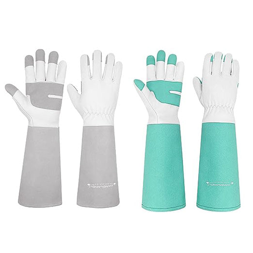 Handlandy Bundle - 2 Pairs: Rose Pruning Long Gardening Leather Yard Work Gloves