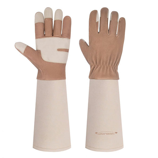 Handlandy Bundle - 2 Pairs of Long Pigskin Leather Pruning Gloves & Cowhide Leather Gardening Gloves for Men & Women, Breathable & Durable Gauntlet Gloves